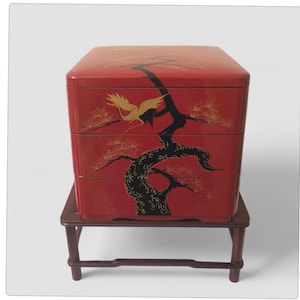 Jubako, Japanese vintage box, Vintage Lacquer Box, Traditional hand painted in gold pine tree and crane, three-tiered red box, home decor
