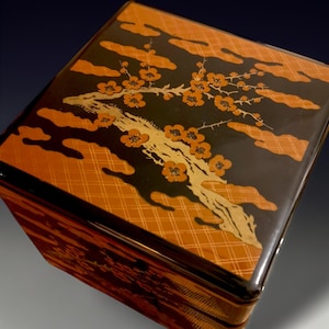 Caja bento Jubako japonesa vintage de 3 niveles con motivo Sakura lacado