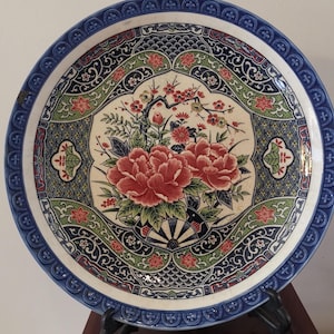 Show Plate Large Antique Japanese inban ware floral Sometsuke Imari Japanese design peonie blossoms.  Collectible home decor