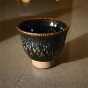 Vintage Japanese Tenmoku Ceramic    Black Drip Glaze Guinomi, Sake Cup Ochoko