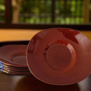 Vintage Japanese urushi style Lacquer Coaster Set of 5, deep gloss red