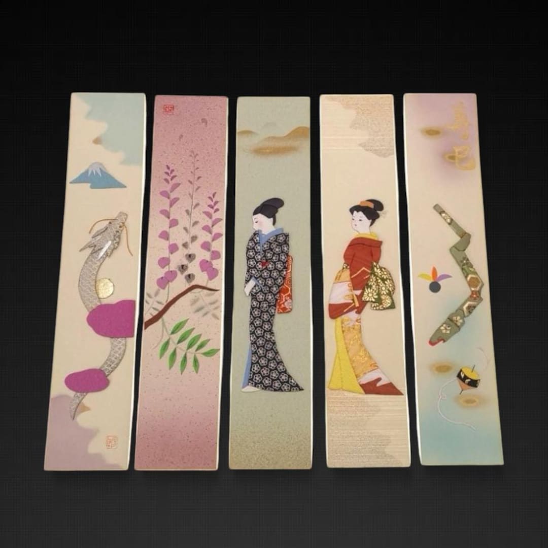 Vintage Japanese Tanzaku Art Set, Geisha, Dragon, Mount Fuji