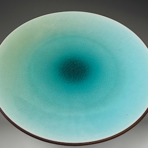 Può includere: Un piatto in ceramica con una sfumatura di colori, che passa da un verde chiaro a un centro turchese intenso. Il piatto ha una superficie screpolata e strutturata e un bordo marrone scuro, creando un contrasto sorprendente.