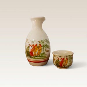 Vintage Japanese sake bottle and cup, Handpainted imari japanese tokkuri and sake cup, Japanese vintage ceramic tokkuri