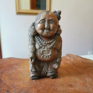 Talla de madera japonesa, talla de madera vintage, arte de madera oriental, artesanía de madera antigua coleccionable japonesa, decoración del hogar, muñeca de madera Daikoku