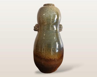 常滑焼 澤田重治作 壺 – 茶と緑の釉薬を施した日本の陶器、侘び寂びの