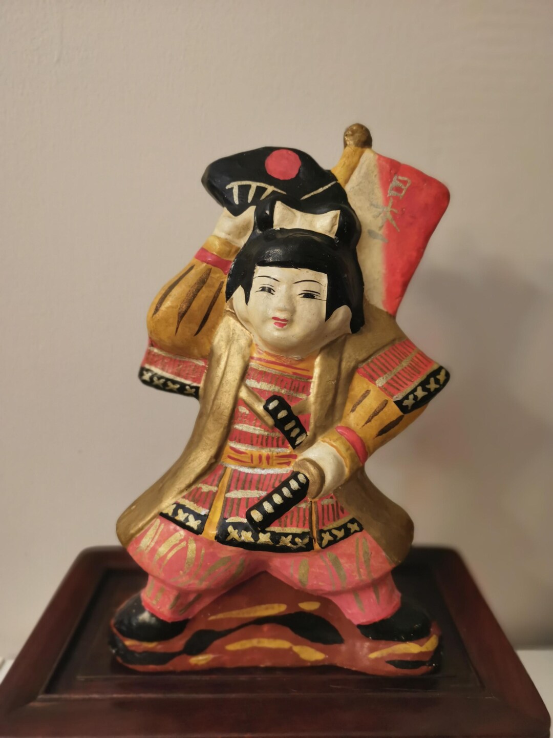 Antique Japanese Tsuchiningyo Momotaro Doll, Peach Boy Samurai