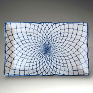 Vintage Japanese Sometsuke Blue and White Porcelain Rectangular Plate, Amime Net Pattern, Hand-Painted Arita Ware