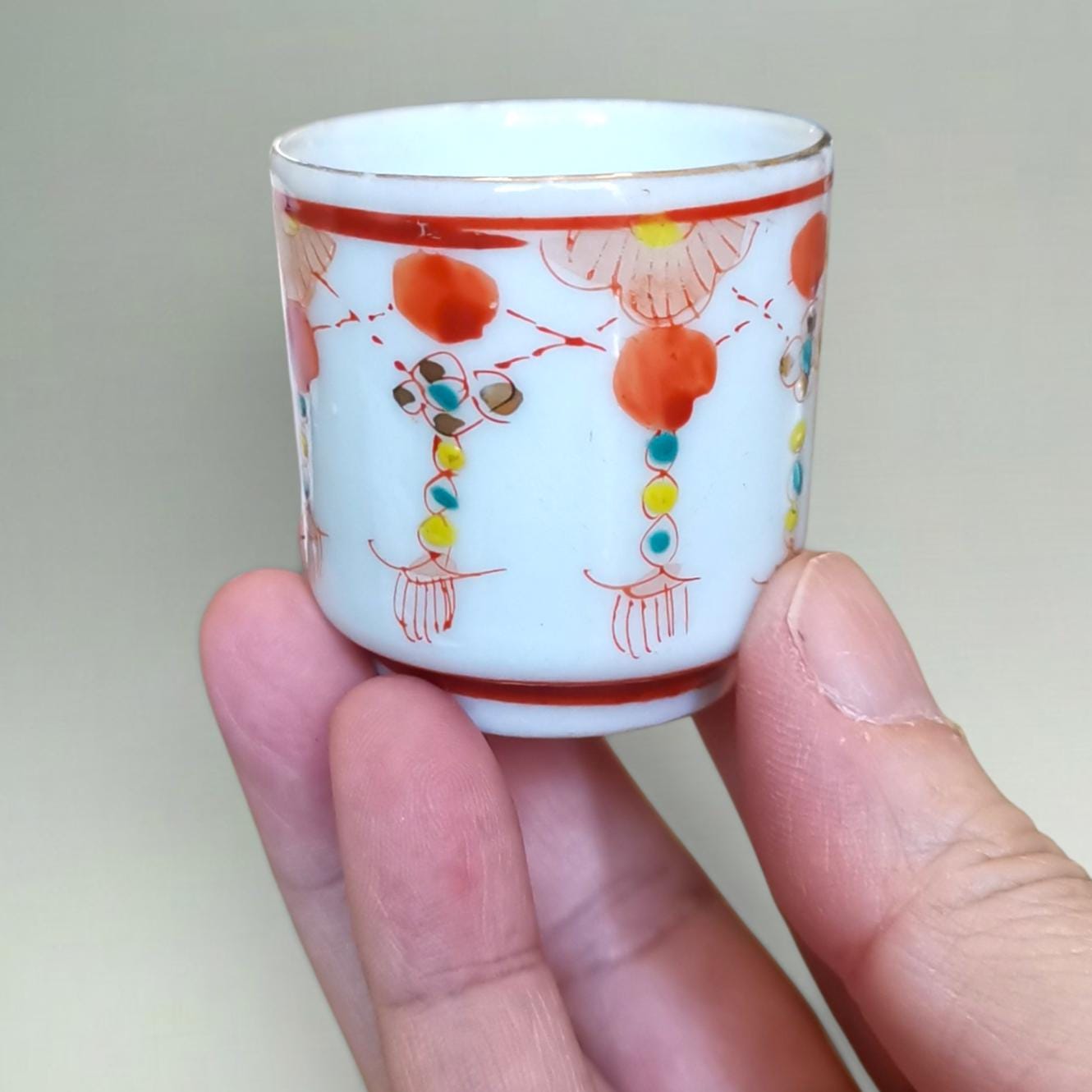 Antique Japanese Sake Cup, Hand-painted Meiji/taisho Floral Tassel