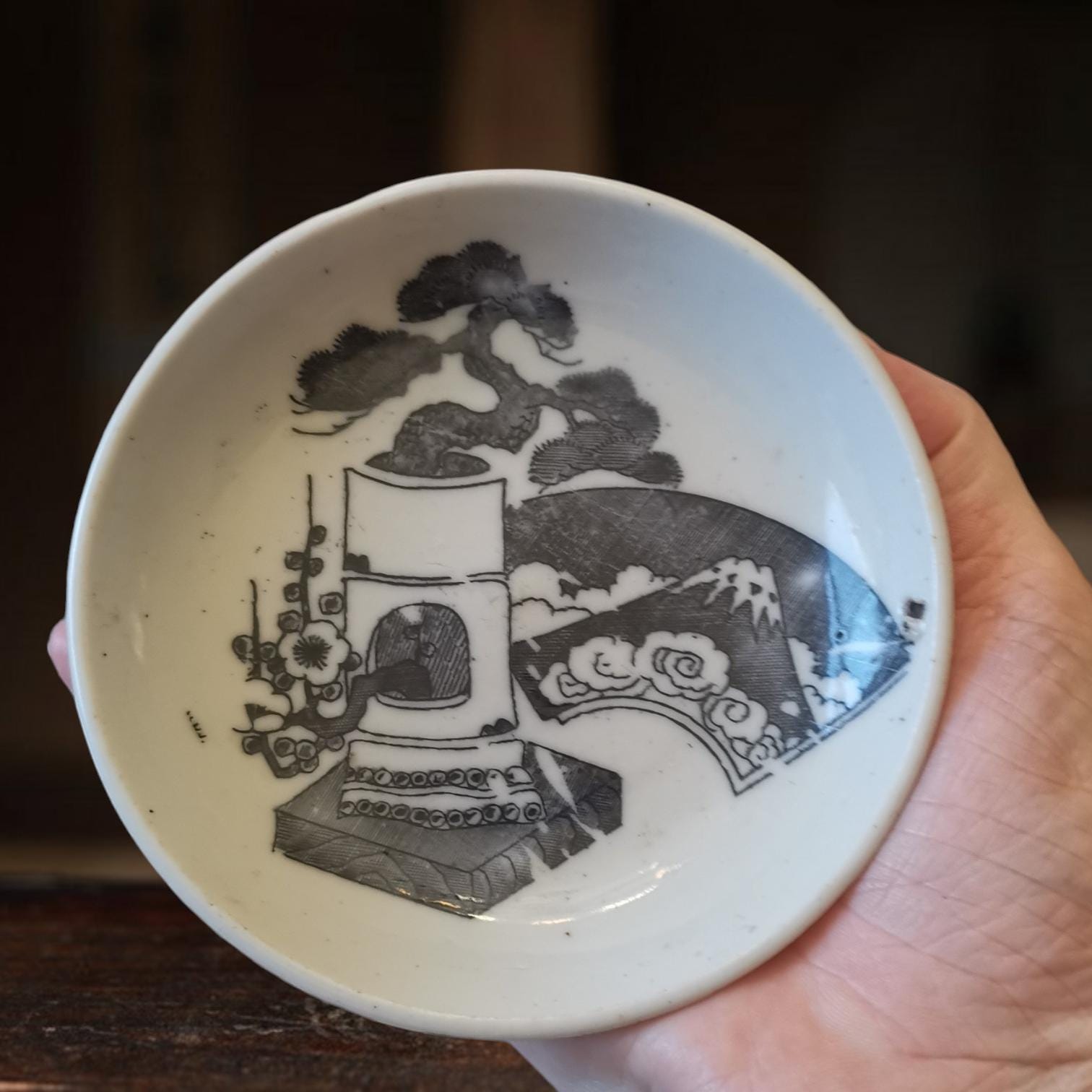 Antique Meiji Taisho Period Japanese Ceramic Mini Plate, Bonsai