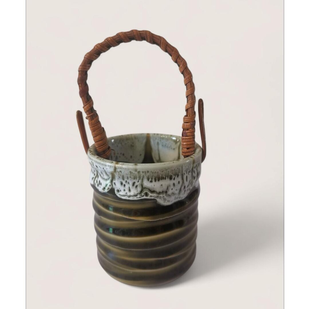 Vintage Japanese Small Vase With a Bamboo Handle, Japanese Studio ...