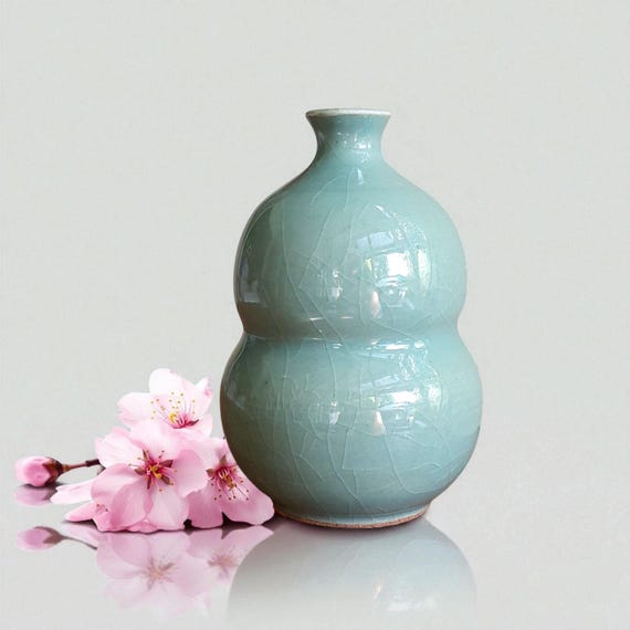 日本の青磁花瓶：ひょうたん型の陶器、ひび割れ釉 - Etsy 日本