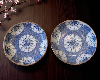 Antique Japanese Blue & White Floral Plates, Seto Imban Kiln Art