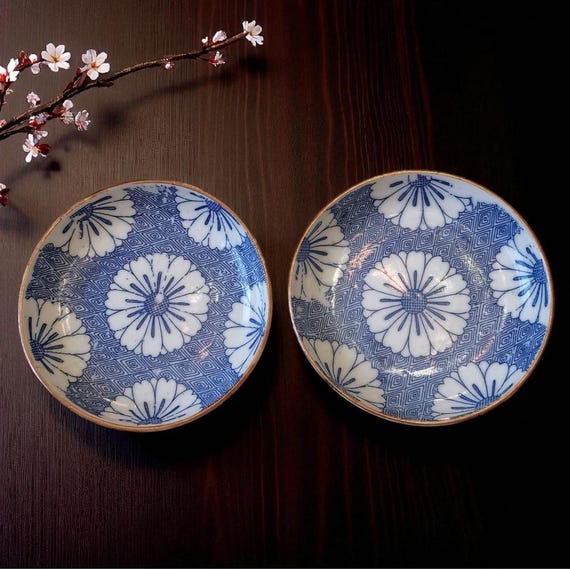 Antique Japanese Blue & White Floral Plates, Seto Imban Kiln Art