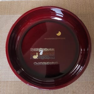 Vintage Japanese Lacquered ware shallow bowl – Handcrafted Wooden Base, hand made rabbits design