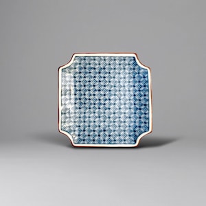 Vintage Hand-Painted sometsuke Japanese Blue and White Porcelain Square Plate, Shippo Pattern Geometric