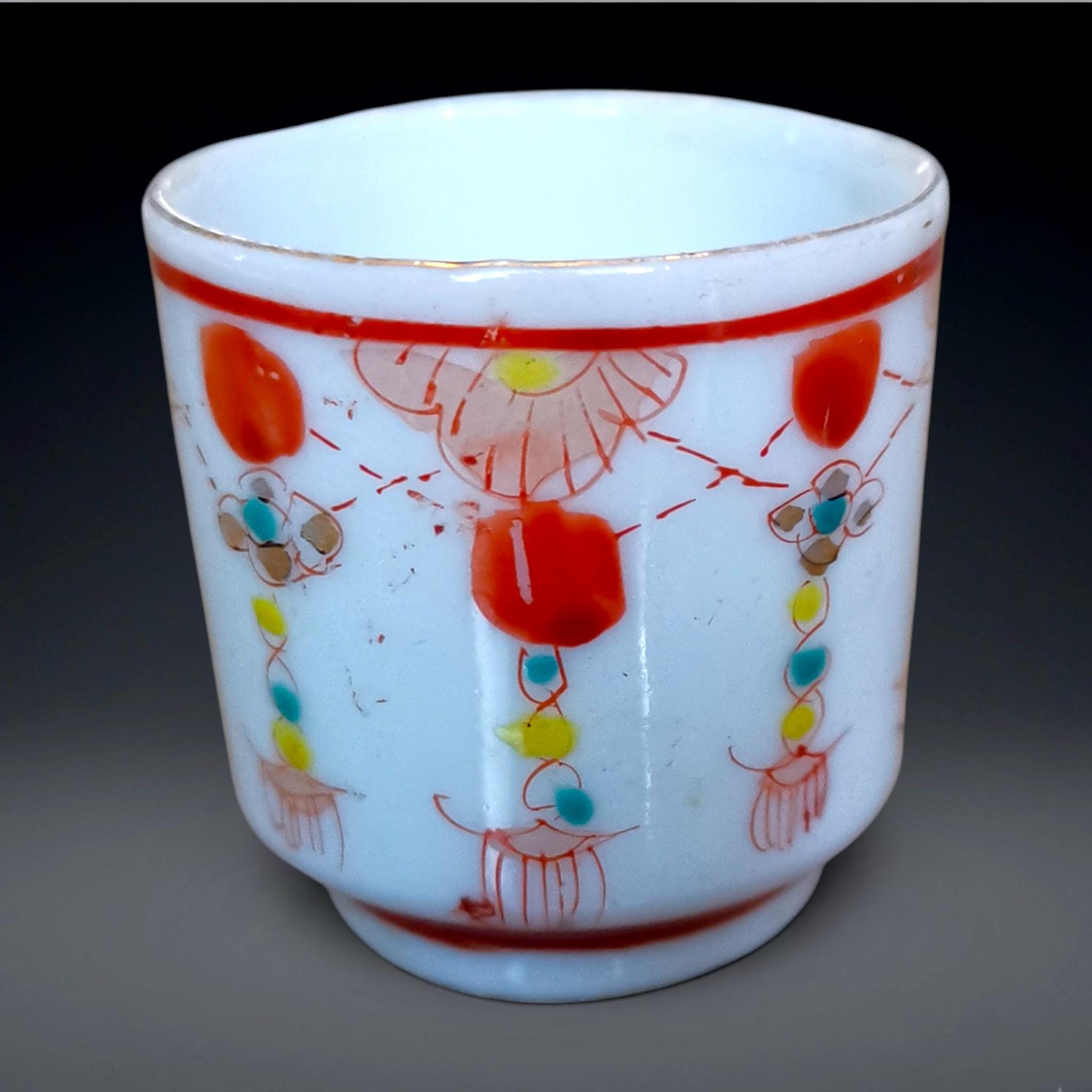 Antique Japanese Sake Cup, Hand-painted Meiji/taisho Floral Tassel