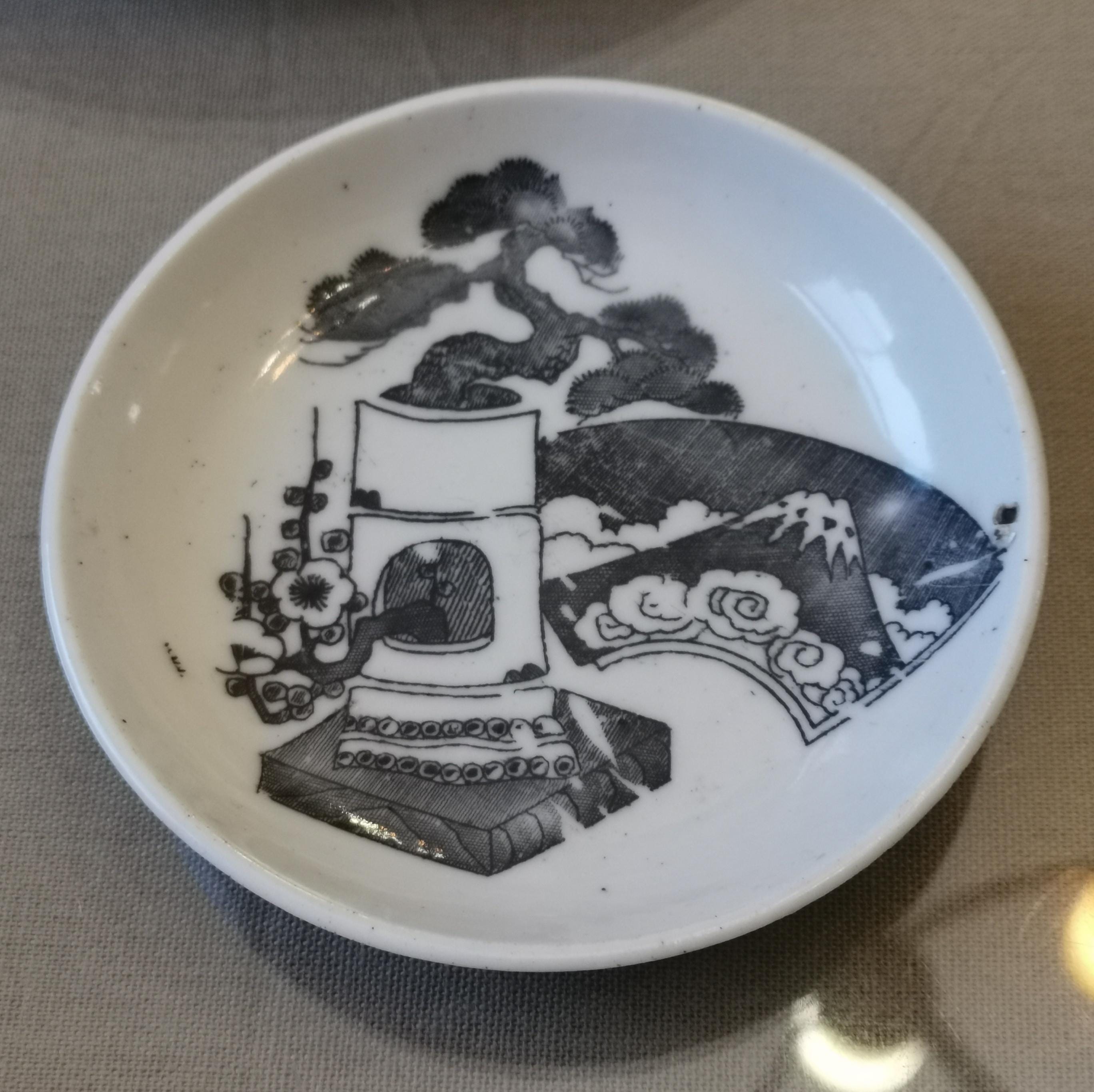 Antique Meiji Taisho Period Japanese Ceramic Mini Plate, Bonsai