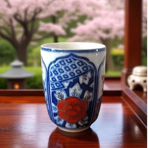 May include: A ceramic teacup with a white base and intricate blue and red floral designs. The cup features a repeating geometric pattern in blue and a large red flower. The teacup is on a wooden surface.