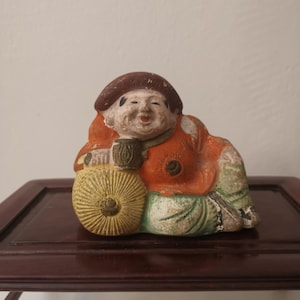 Antique Japanese doll Tsuchi Ningyo tenjin, mingei, antique japanese paper marche doll, collectible japanese craft, obina, happy man doll,