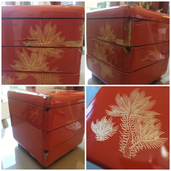 Antique Japanese Lacquer Bento Box, Urushi Maki-e Gold Leaf, Three