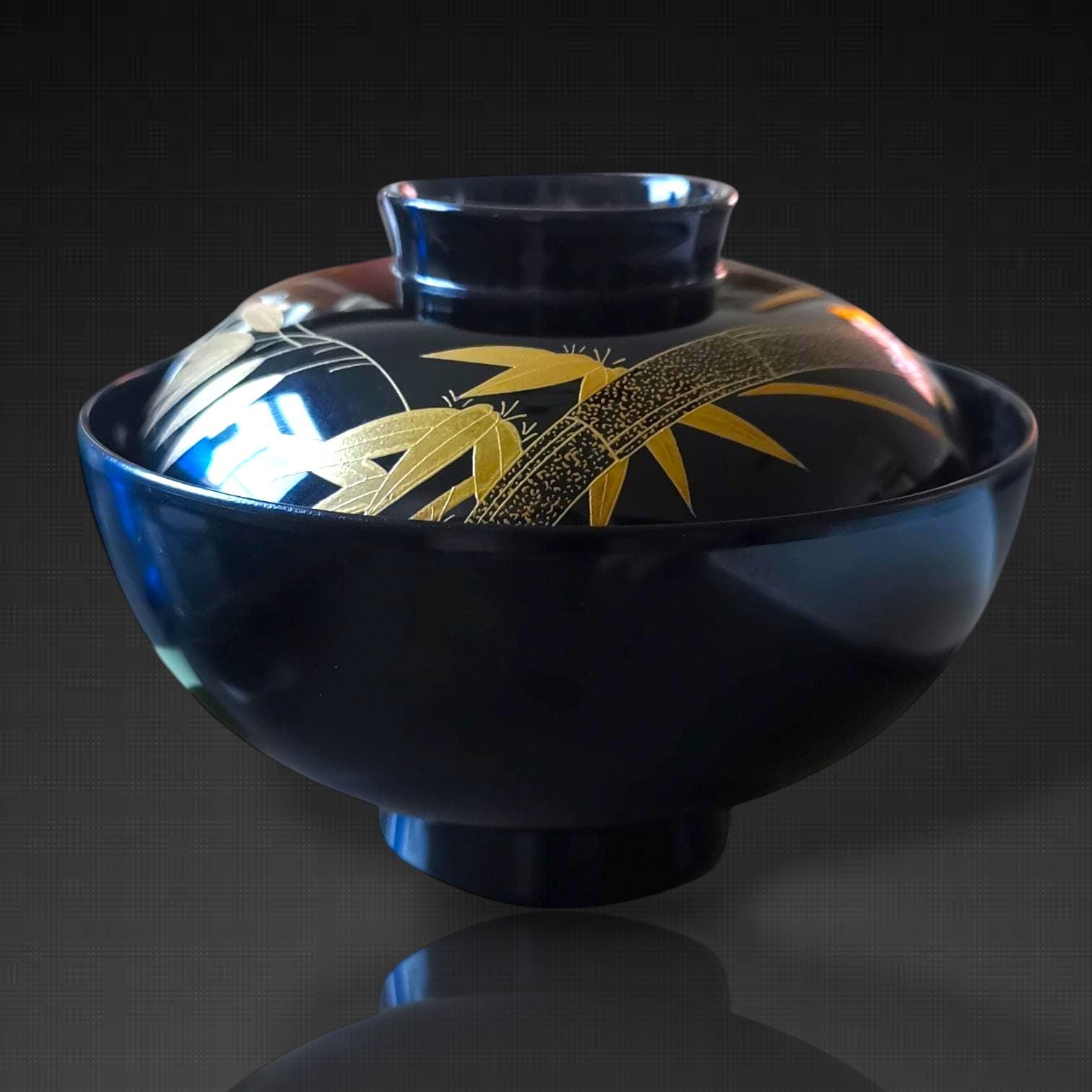 日本の漆器ボウル：黒と金の蒔絵の竹の装飾食器 - Etsy 日本