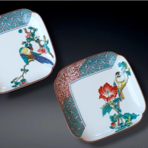 Vintage Japanese Kutani Plates Set – Hand-Painted Bird Floral Kacho-ga Art
