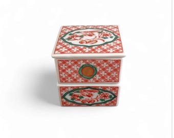 Vintage Japanese Ceramic Oju Box, Hand Painted Floral Stacking