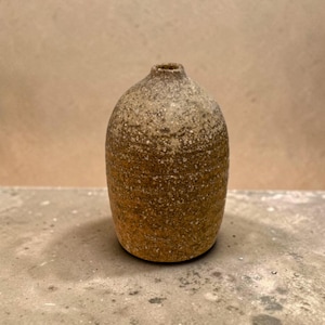 Peut inclure: Un petit vase en céramique cylindrique avec un col étroit et un sommet arrondi. L'extérieur présente une finition texturée et tachetée dans des tons de brun terreux et de beige, avec des stries horizontales visibles sur le corps.