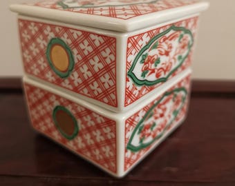 Vintage Japanese Ceramic Oju Box, Hand Painted Floral Stacking