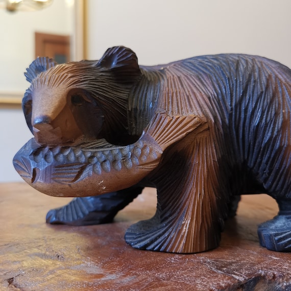Vintage Higuma Wood Carving Bear With Fish - Hokkaido Ainu Decor