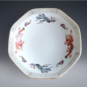 Vintage Japanese Footed dish, Dragon & Phoenix Motif, Auspicious Famille Rose, Success Wealth Symbol