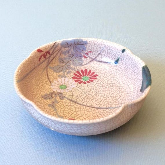 Vintage Japanese Ceramic Bowl, Crackle Glaze, Hand-painted Flowers