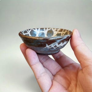May include: A small, handcrafted ceramic bowl with a unique design. The bowl features a dark brown rim and a light blue interior with a white, patterned design. The bowl is held in a person's hand.