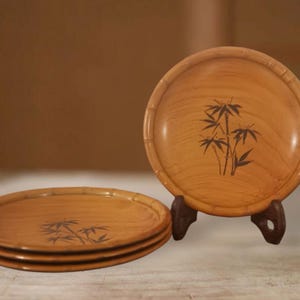 Juego de bandejas de madera japonesas vintage, plato artístico de bambú, vajilla coleccionable