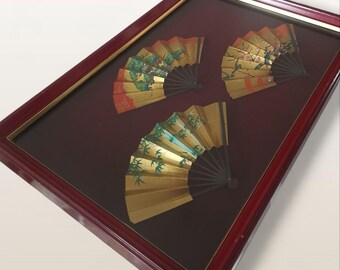 ヴィンテージの日本の扇子アート、額縁に入った竹と桜 - Etsy 日本