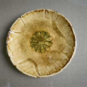 Vintage Japanese Yellow Seto Ki-Seto  Plate, Hand-Pressed Chrysanthemum Kiku dessert plate