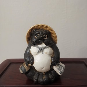 Vintage tanuki, racoon dog statue, Japanese good luck Figurine, tanuki pottery doll