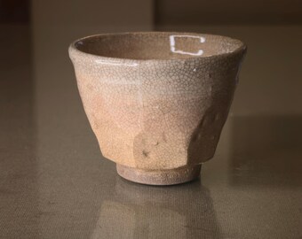 Vintage Japanese Wabi Sabi Teacup, Faceted Crackle Glaze Studio pottery Yunomi, Organic Earthy cup