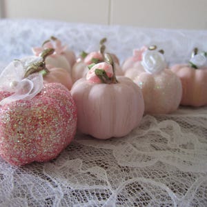 Pode incluir: Uma cole&ccedil;&atilde;o de pequenas ab&oacute;boras decorativas em v&aacute;rios tons de rosa. Algumas s&atilde;o cobertas com glitter, outras t&ecirc;m um acabamento liso e algumas s&atilde;o adornadas com pequenas flores e la&ccedil;os. As ab&oacute;boras est&atilde;o dispostas sobre uma superf&iacute;cie de renda branca.