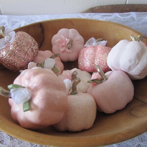 Pode incluir: Uma tigela de madeira cheia de ab&oacute;boras rosa decorativas. Algumas s&atilde;o lisas, outras com glitter. V&aacute;rias t&ecirc;m pequenos detalhes em tecido e caules. As ab&oacute;boras variam em tamanho e forma.