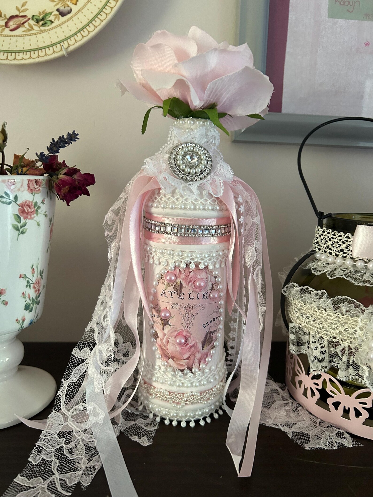 Pink Shabby Chic Glass and Lace Bottle Decoration Home Decor - Etsy