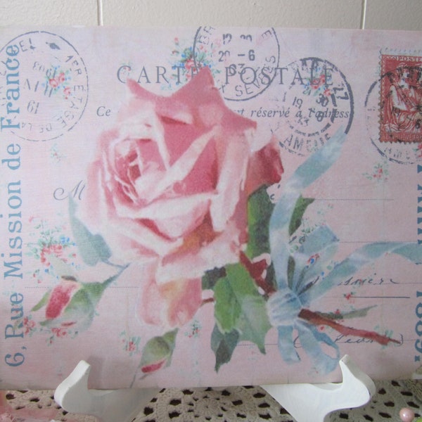 Shabby Pink Rose Postcard Sign Paris Postage Plaque