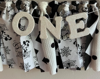 Mickey Mouse Steam Boat Willie Black and White Banner Smash Cake Party Highchair Decor Disney Decor