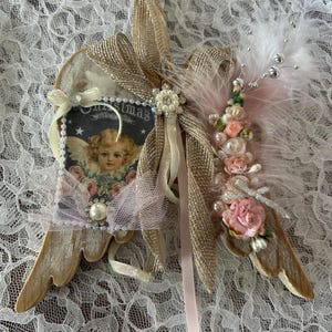 Shabby Pink Angel Wings: Wooden Christmas Ornament