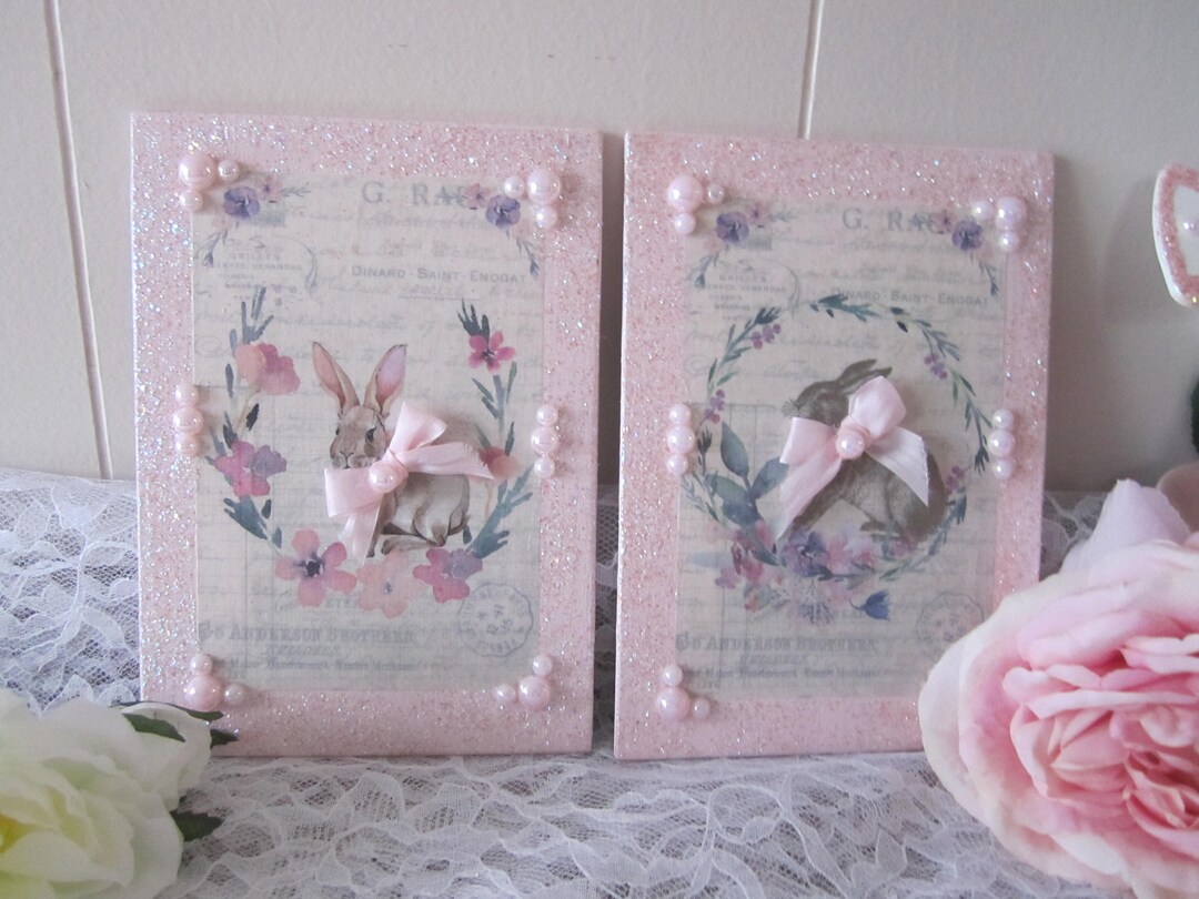 Two Shabby Rabbits Picture Decoration Pink Shabby Decor Etsy