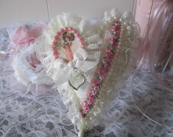 Shabby Heart Ornament Handmade Pink and Cream Heart