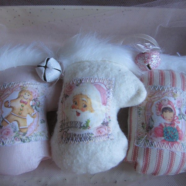 Shabby Chic Pink Christmas Mittens Tree Decorations Three Mittens Christmas Bauble