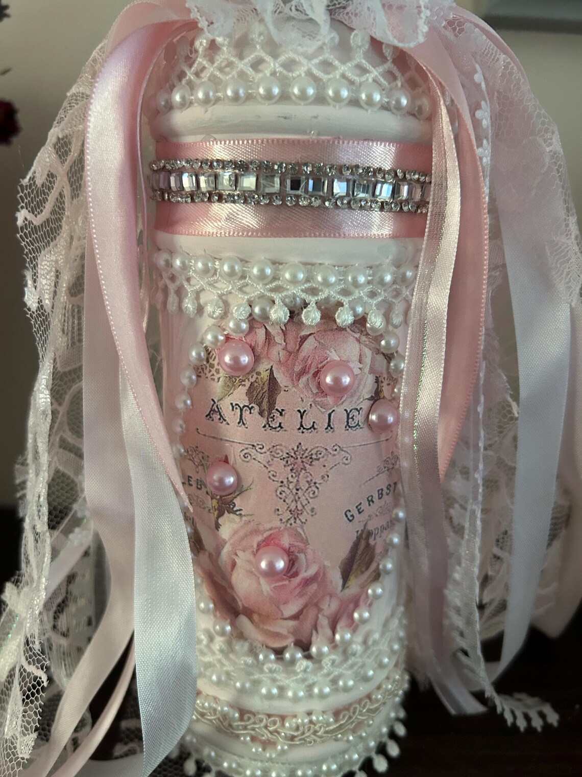 Pink Shabby Chic Glass and Lace Bottle Decoration Home Decor - Etsy