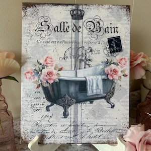 Shabby French Bathroom Sign Vintage Pink Rose Bathtub